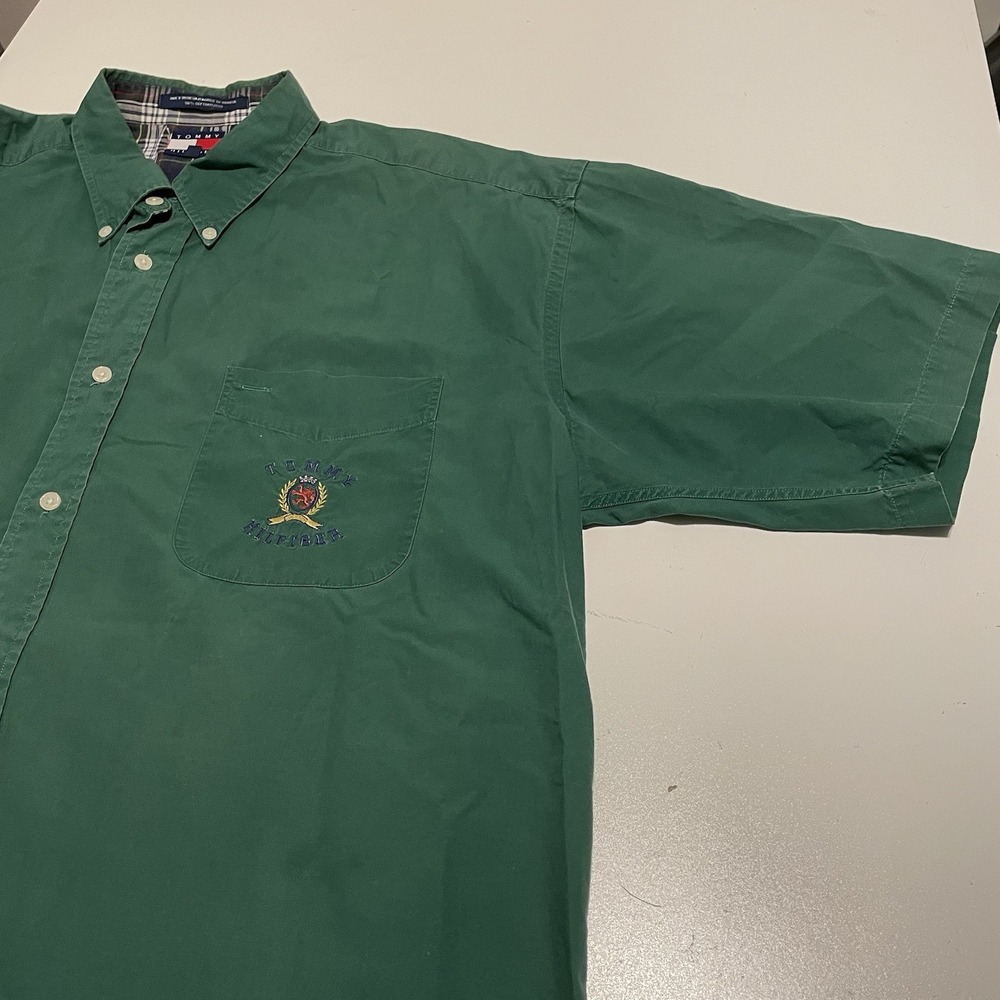 Vintage Tommy Hilfiger Mens XLarge 100% Cotton Green Short Sleeve Button Down